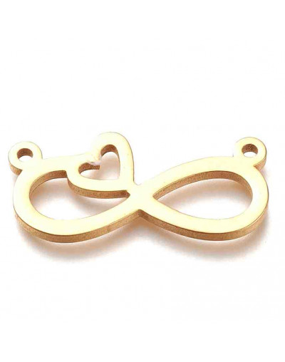 Infinito+Corazón. Acero inoxidable. Color dorado. 10,5x22,5x1,5 mm. 1.2 mm perforaciones. 1 unidad.
