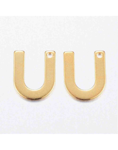 Letra "U". Acero inoxidable. Color dorado. 11x0,8 milímetros. 1 mm perforación. 1 unidad.
