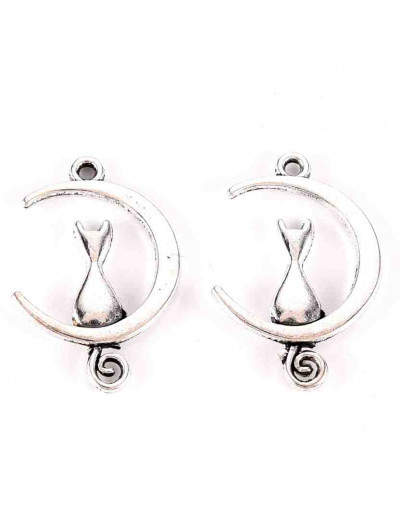 Luna+Gato. Aleación de cobre. Color plata antigua. 20,5x13x2 milímetros. 1,2 mm perforación. 10 uds.