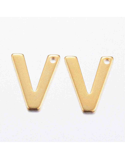 Letra "V". Acero inoxidable. Color dorado. 11x0,8 milímetros. 1 mm perforación. 1 unidad.