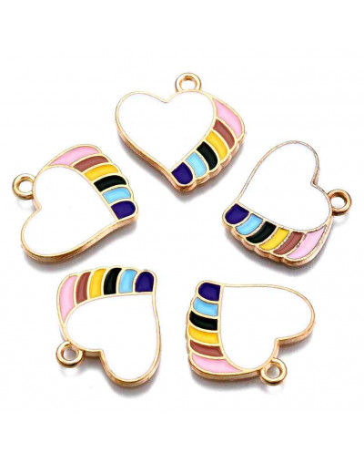 Corazón blanco/multicolor. Aleación de cobre y esmalte. 18x18,5x1,5 mm. 1,6 mm perforación. 4 uds.