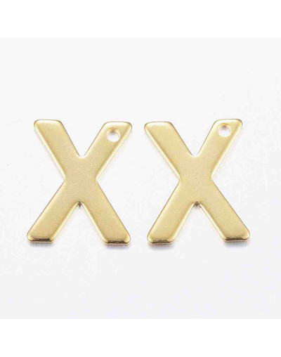 Letra "X". Acero inoxidable. Color dorado. 11x0,8 milímetros. 1 mm perforación. 1 unidad.