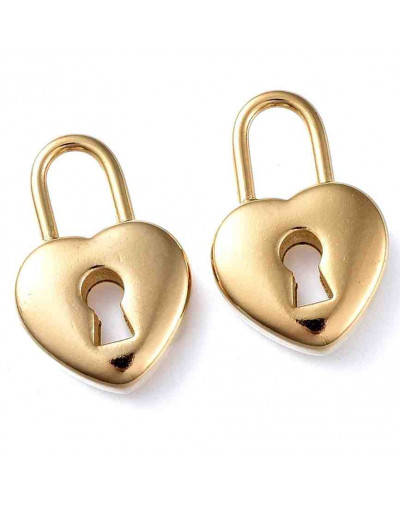 Corazón-Candado. Acero inoxidable. Color dorado. 19,5x13x5 mm. 4,5x7 mm aguejero. 1 unidad.