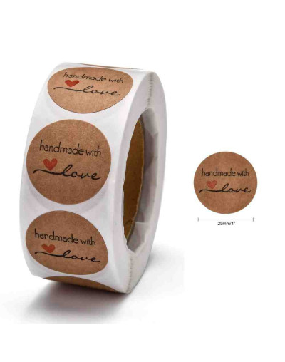 Stickers. "Handmade with love" (1). 25 mm diámetro. 500 stickers por rollo. 1 unidad. Stickers. "Handmade with love" (1). 25 mm diámetro. 500 stickers por rollo. 1 unidad.