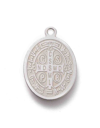San Benito. Ovalado. Acero inoxidable. Color plateado. 20x14x0,5 mm. 1,2 mm perforación. 1 unidad.