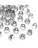 Flor, estrella, luna y corazón. Moneda transparente. 7 mm. 1,5 mm perforación. 100 uds aprox. Flor, estrella, luna y corazón. Moneda transparente. 7 mm. 1,5 mm perforación. 100 uds aprox.