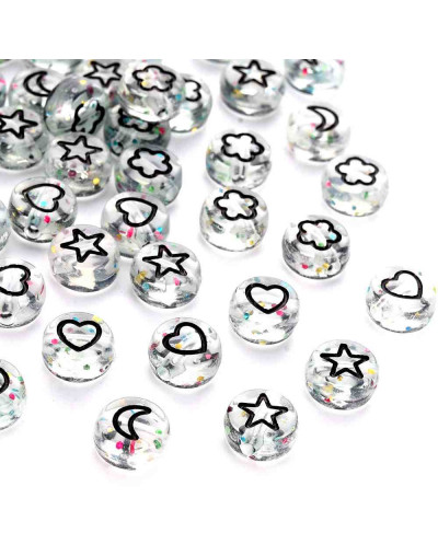 Flor, estrella, luna y corazón. Moneda transparente. 7 mm. 1,5 mm perforación. 100 uds aprox.