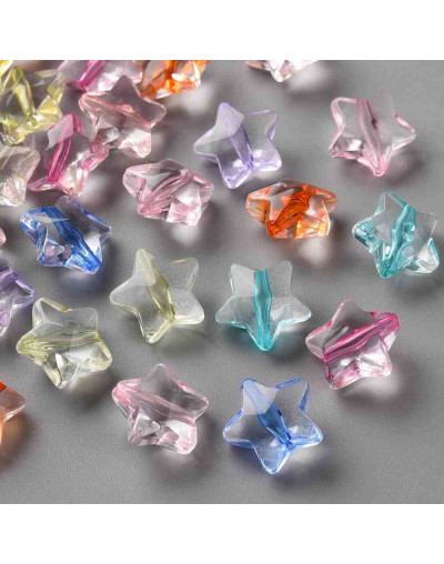 Estrella varios colores. Transparente. 13x14x7,5 milímetros. 1,5 mm perforación. 20 unidades.