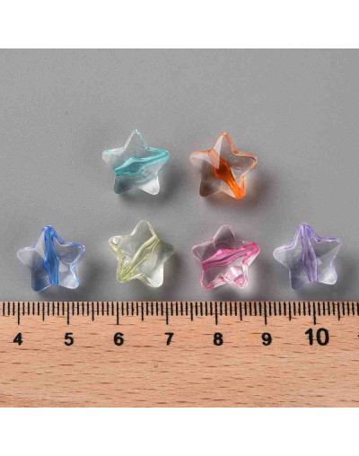 Estrella varios colores. Transparente. 13x14x7,5 milímetros. 1,5 mm perforación. 20 unidades.