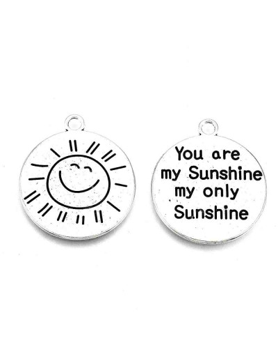 Sol "You are my Sunshine...". Aleación de cobre. Plateado. 27x24x1 mm. 2,5 mm perforación. 4 uds.