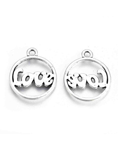 LOVE. Aleación de cobre. Color plateado. 19,5X16X1 mm. 1,6 mm perforación. 10 unidades.