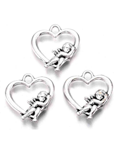 Corazón + Angel. Aleación de cobre. Color plateado. 29x10x2 mm. 1,8 mm perforación. 5 uds.