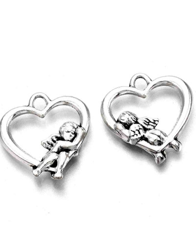 Corazón + Angel. Aleación de cobre. Color plateado. 29x10x2 mm. 1,8 mm perforación. 5 uds.