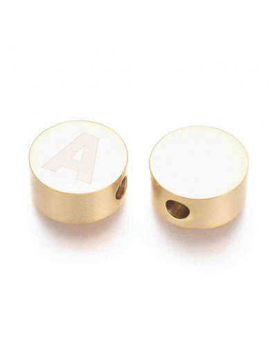 Moneda con letra A. Acero inoxidable. Color dorado. 10 mm diámetro. 4,5 mm grosor. 2 mm perforación.