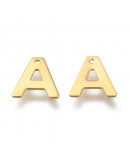 Letra "A". Acero inoxidable. Color dorado. 11x0,8 milímetros. 1 mm perforación. 1 unidad. Letra "A". Acero inoxidable. Color dorado. 11x0,8 milímetros. 1 mm perforación. 1 unidad.