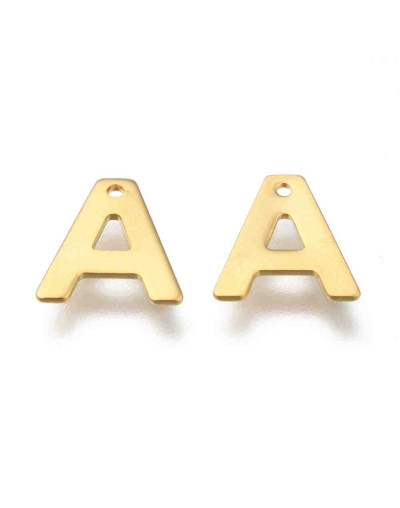 Letra "A". Acero inoxidable. Color dorado. 11x0,8 milímetros. 1 mm perforación. 1 unidad.