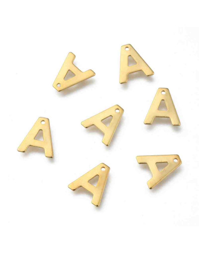 Letra "A". Acero inoxidable. Color dorado. 11x0,8 milímetros. 1 mm perforación. 1 unidad.