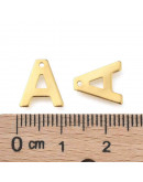 Letra "A". Acero inoxidable. Color dorado. 11x0,8 milímetros. 1 mm perforación. 1 unidad. Letra "A". Acero inoxidable. Color dorado. 11x0,8 milímetros. 1 mm perforación. 1 unidad.