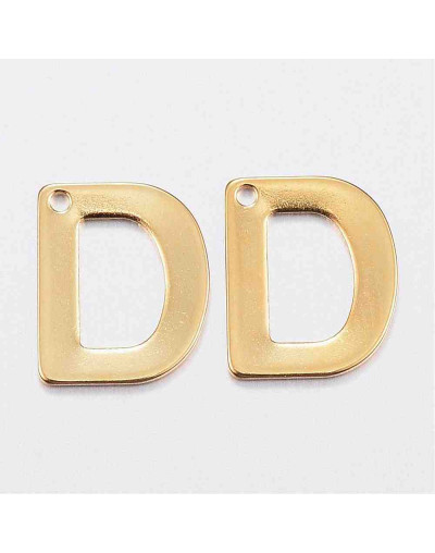 Letra "D". Acero inoxidable. Color dorado. 11x0,8 milímetros. 1 mm perforación. 1 unidad.
