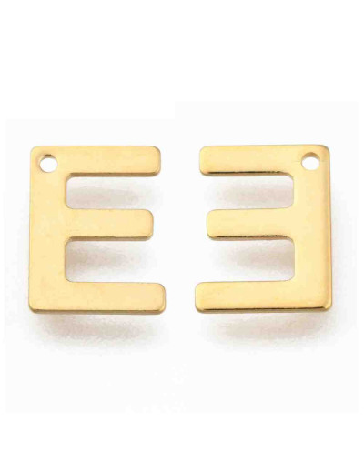 Letra "E". Acero inoxidable. Color dorado. 11x0,8 milímetros. 1 mm perforación. 1 unidad.