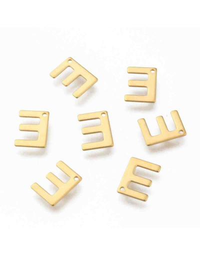 Letra "E". Acero inoxidable. Color dorado. 11x0,8 milímetros. 1 mm perforación. 1 unidad.