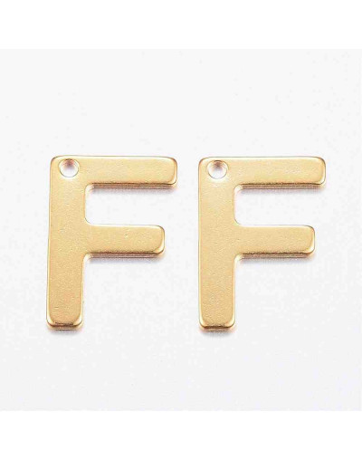 Letra "F". Acero inoxidable. Color dorado. 11x0,8 milímetros. 1 mm perforación. 1 unidad.