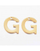 Letra "G". Acero inoxidable. Color dorado. 11x0,8 milímetros. 1 mm perforación. 1 unidad. Letra "G". Acero inoxidable. Color dorado. 11x0,8 milímetros. 1 mm perforación. 1 unidad.