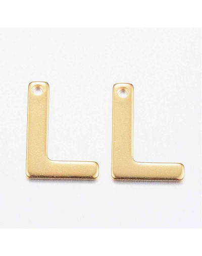 Letra "L". Acero inoxidable. Color dorado. 11x0,8 milímetros. 1 mm perforación. 1 unidad.