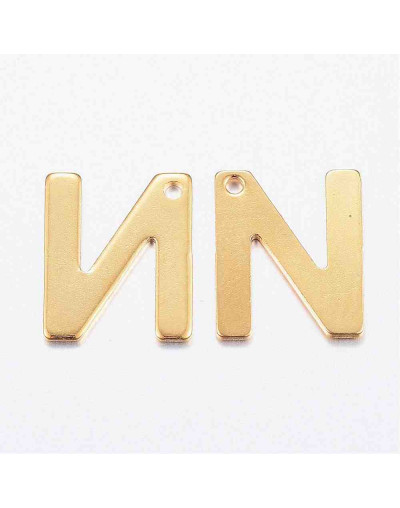 Letra "N". Acero inoxidable. Color dorado. 11x0,8 milímetros. 1 mm perforación. 1 unidad.
