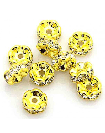 Rhinestone Beads. Dorado. Cristal CLEAR WHITE. Grado A. 8x3,8 mm. 1,5 mm perforación 10 unidades.