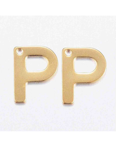 Letra "P". Acero inoxidable. Color dorado. 11x0,8 milímetros. 1 mm perforación. 1 unidad.