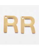 Letra "R". Acero inoxidable. Color dorado. 11x0,8 milímetros. 1 mm perforación. 1 unidad. Letra "R". Acero inoxidable. Color dorado. 11x0,8 milímetros. 1 mm perforación. 1 unidad.