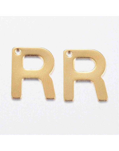 Letra "R". Acero inoxidable. Color dorado. 11x0,8 milímetros. 1 mm perforación. 1 unidad.