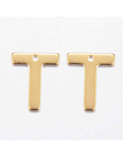 Letra "T". Acero inoxidable. Color dorado. 11x0,8 milímetros. 1 mm perforación. 1 unidad.