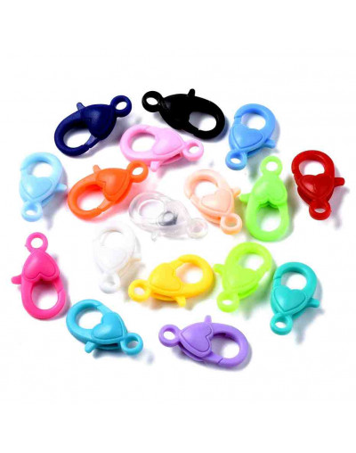 Cierres lobster con corazón. Acrílico. Varios colores. 22,5x13x6,5 mm. 3 mm perforación. 10 uds.