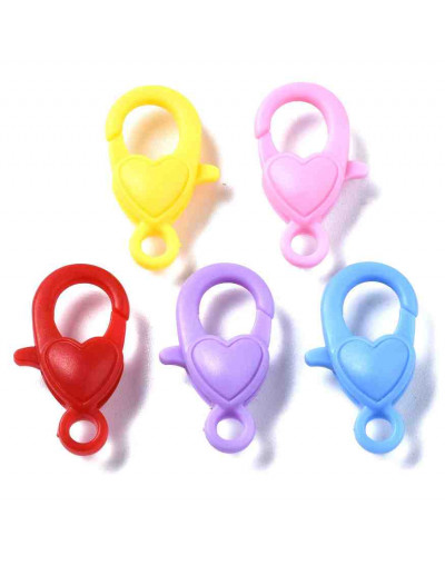 Cierres lobster con corazón. Acrílico. Varios colores. 22,5x13x6,5 mm. 3 mm perforación. 10 uds.