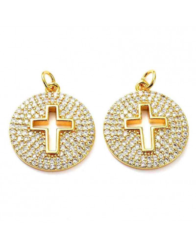 Cruz (3). Aleación+Zirconia. Baño 18KGold. 22x19x2,5 mm. 5 mm arandela. 1 unidad.