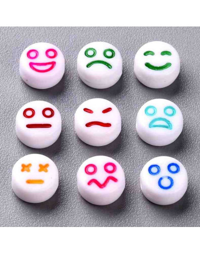 Emoticons varios colores. Moneda blanca. 7 mm diámetro. 1,5 mm perforación. 100 unidades aproximado.