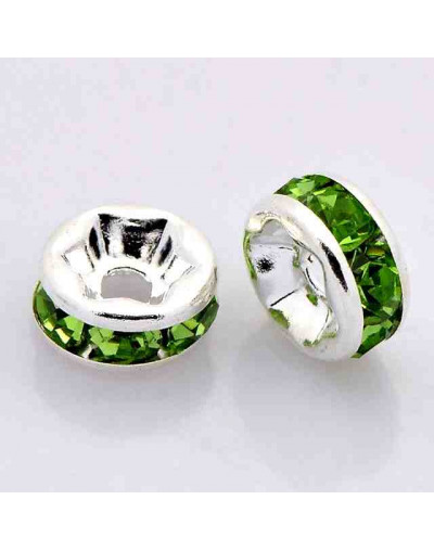 Rhinestone Beads. Plateado. Cristal PERIDOT. Grado A. 8x3,8 mm. 2 mm perforación 10 unidades.