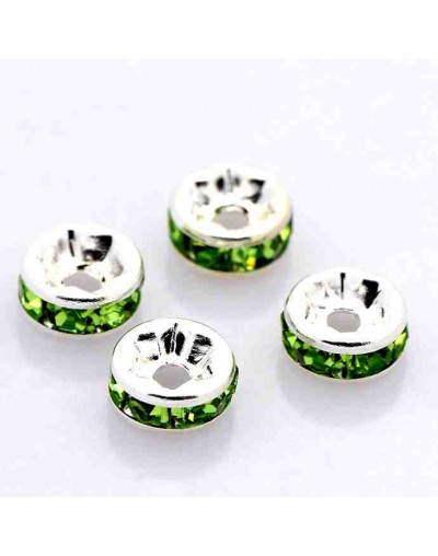 Rhinestone Beads. Plateado. Cristal PERIDOT. Grado A. 8x3,8 mm. 2 mm perforación 10 unidades.