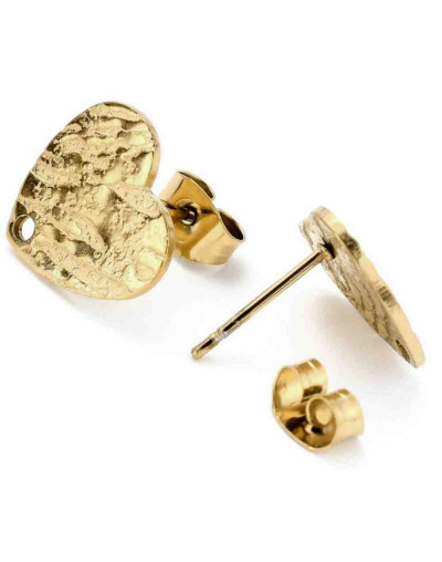 Pin para aretes con cierre. Corazón. Acero inoxidable. Real 18k Gold. Pin 12x13 milímetros. 2 uds.
