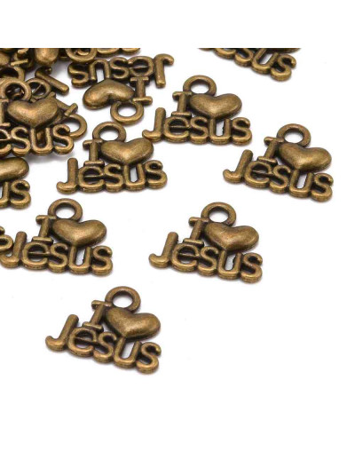 I love Jesus. Aleación de cobre. Color bronce. 13x15x2 mm. 2 mm de perforación. 10 unidades.