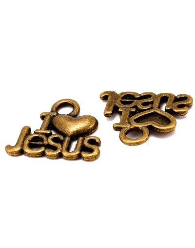 I love Jesus. Aleación de cobre. Color bronce. 13x15x2 mm. 2 mm de perforación. 10 unidades.