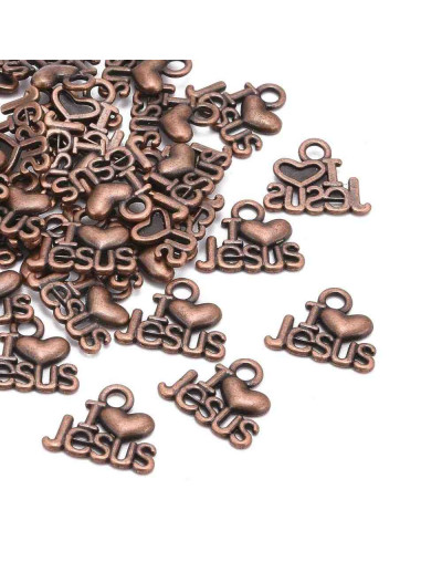 I love Jesus. Aleación de cobre. Color cobre. 13x15x2 mm. 2 mm de perforación. 10 unidades.