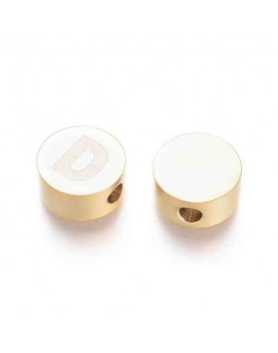 Moneda con letra D. Acero inoxidable. Color dorado. 10 mm diámetro. 4,5 mm grosor. 2 mm perforación.