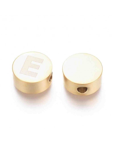 Moneda con letra E. Acero inoxidable. Color dorado. 10 mm diámetro. 4,5 mm grosor. 2 mm perforación.