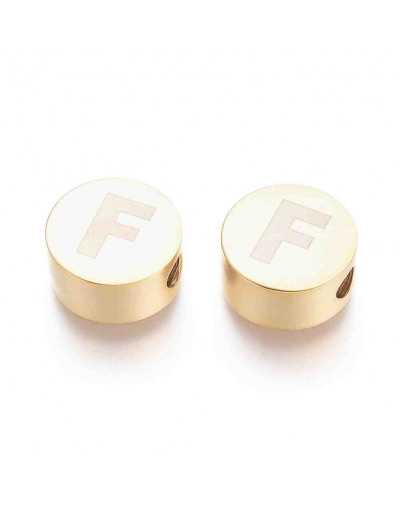 Moneda con letra F. Acero inoxidable. Color dorado. 10 mm diámetro. 4,5 mm grosor. 2 mm perforación.