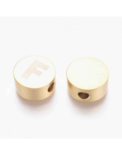 Moneda con letra F. Acero inoxidable. Color dorado. 10 mm diámetro. 4,5 mm grosor. 2 mm perforación.