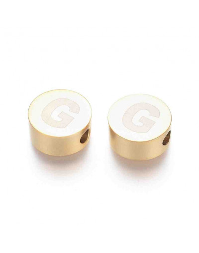 Moneda con letra G. Acero inoxidable. Color dorado. 10 mm diámetro. 4,5 mm grosor. 2 mm perforación.