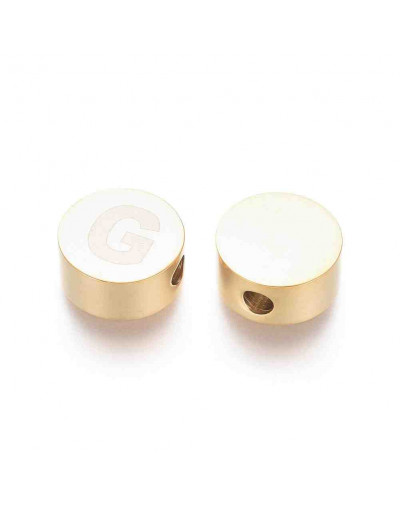 Moneda con letra G. Acero inoxidable. Color dorado. 10 mm diámetro. 4,5 mm grosor. 2 mm perforación.